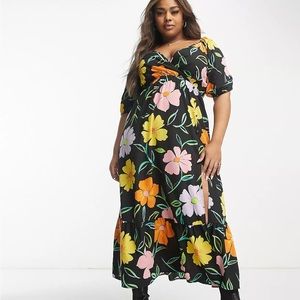 NEW without tags!! ASOS black pink floral boho crepe tier ruffle maxi dress 24